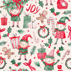 Naklejka premium Fun Christmas elves pattern. Hand drawn watercolor design with xmas elf and traditional decor. For textile, pattern, wrapping paper, packaging