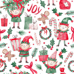 Fototapeta premium Fun Christmas elves pattern. Hand drawn watercolor design with xmas elf and traditional decor. For textile, pattern, wrapping paper, packaging