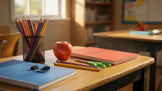 Colorful classroom desk setup with school supplies, notebooks, and an apple for back to school season
