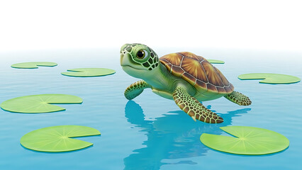 Turtle swimming in the water with lily pads