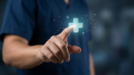 Close up of healthcare professional touching a glowing digital medical cross icon representing telemedicine and smart health technology