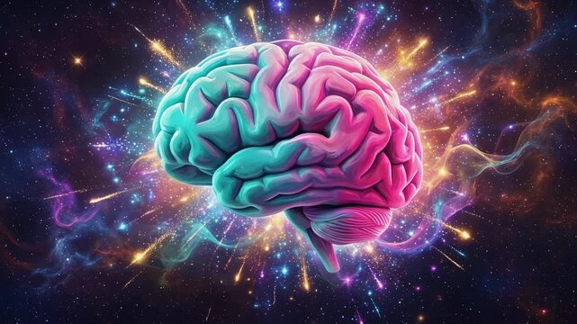 Vibrant and colorful brain illustration with cosmic explosion background for creativity and inspiration