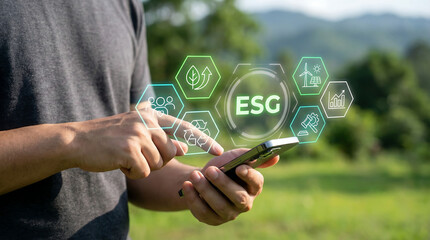Close up of person using smartphone outdoors with ESG virtual icons for Environmental, Social, and Governance sustainability