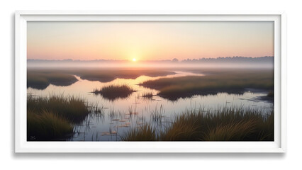 Serene marsh landscape at sunrise with misty fog