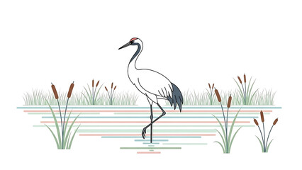 Crane standing in the water with reeds and cattails