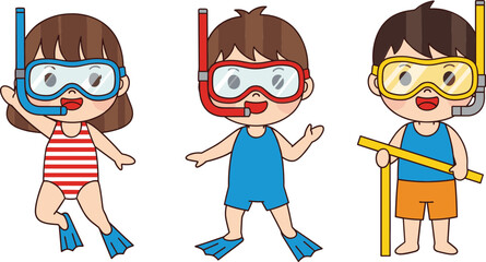 Cute cartoon kids wearing snorkeling gear summer swimming characters playful children water activity illustration set © sahajahan