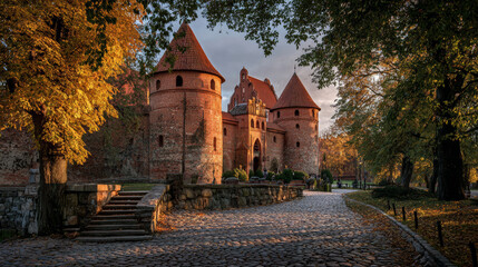 Ancient castle with red brick walls and conical towers located in the historic city center of klaipeda, lithuania, surrounded by lush autumn foliage and cobblestone pathways