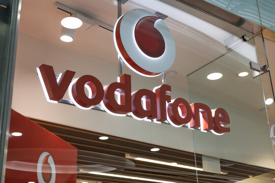 Vodafone Store Sign Illuminated Logo Branding. London, UK, 17 February 2024