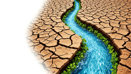 River flowing through dry cracked earth with lush greenery