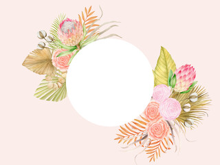 Watercolor Bohemian round frame with rose, tropical orchid flowers, dried palm leaves and pampas grass illustration arrangement