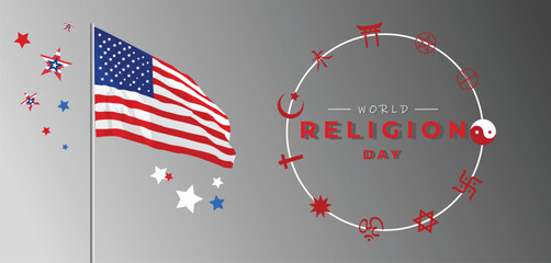 World Religion Day Celebration With American Flag And Interfaith Symbols