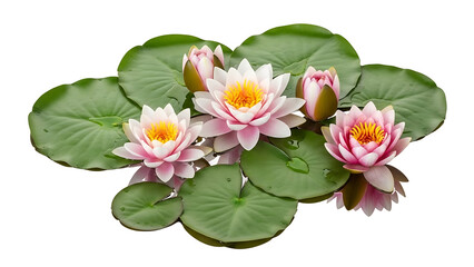 Beautiful pink water lily flowers with green leaves