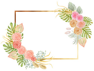 Watercolor Bohemian frame with botanical, tropical flowers, dried palm leaves and pampas grass illustration
