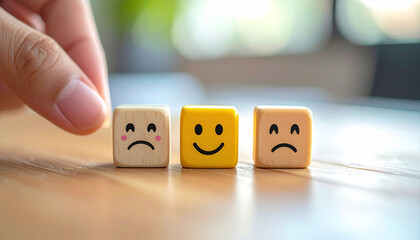 Three small cubes with different facial expressions, including happy, sad, and neutral, are placed on wooden office desk, capturing candid and playful mood in bright workspace