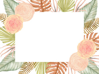 Watercolor Bohemian frame with botanical, tropical flowers, dried palm leaves and Peonies camellia blossom illustration, Arrangement