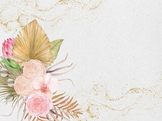 Hand painted houseplants,  dried palm leaves Camellia, Peonies, Orchid,  Cotton, King Protea illustration. Tropical jungle exotic flower frame composition © HoyaBouquet