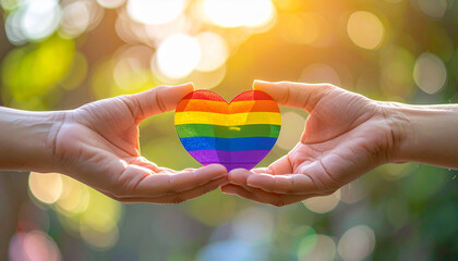 Two hands gently exchange rainbow heart symbol in soft sunlight, representing love, support, and LGBTQ pride with warm, hopeful atmosphere outdoors