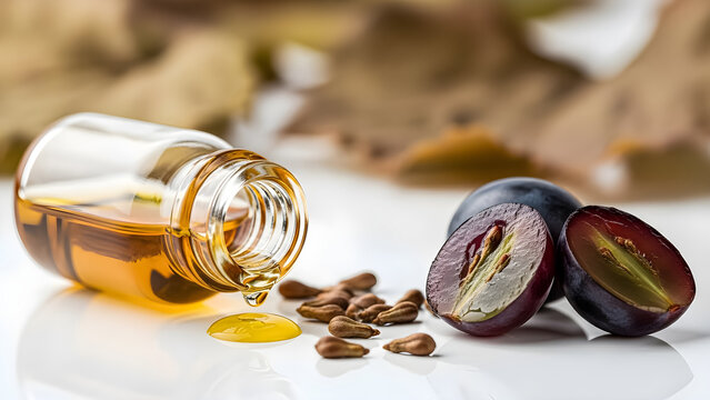Golden grapeseed oil slowly dripping from an overturned glass vial beside fresh halved purple grapes and scattered seeds illustrating natural cosmetic extract production