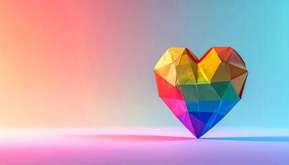 Rainbow colored origami heart sits on pastel gradient background, creating minimal and cheerful studio scene with vibrant, geometric paper art and soft lighting