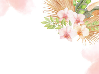 Watercolor illuatration frame border banner Pink Orchid  flowers bouquet palm and banana leaves, foliage, houseplants