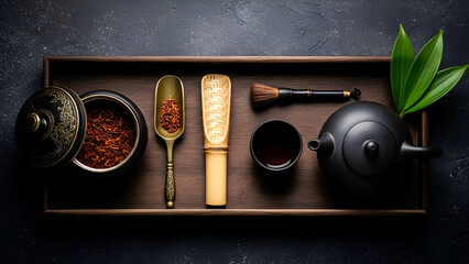 Overhead view of traditional japanese tea ceremony utensils including a black ceramic teapot dried leaves a small cup and bamboo accessories arranged neatly on dark wood