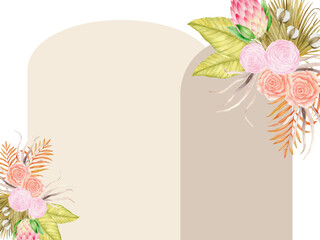Bouquet of King protea, Rose Camellia, Dried Cotton jungle exotic, tropical leaves template foliage houseplants watercolor ornament © HoyaBouquet
