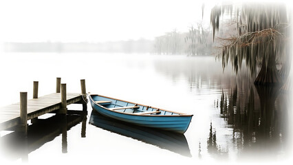 Serene lake scene with a blue boat moored at a wooden dock