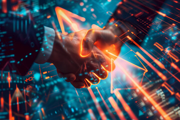 Business handshake with digital growth arrow and financial graph background, success concept