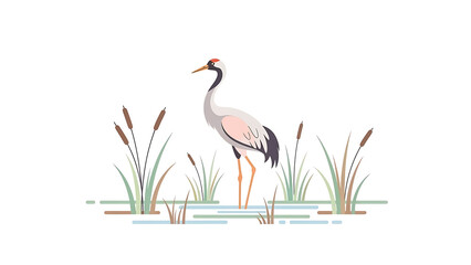 Crane standing in marshy area with reeds