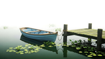 Serene lake scene with boat and dock