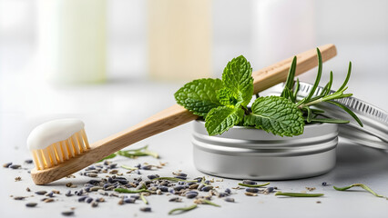 Close up of a bamboo toothbrush with white paste resting near a silver container filled with fresh mint and rosemary herbs suggesting natural dental care alternatives.