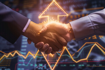 Business handshake with digital growth arrow and financial graph background, success concept