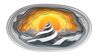 Stylized mountain landscape with sunset in oval frame