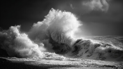 Black and white photograph capturing powerful ocean waves crashing with textured foam and turbulent movement