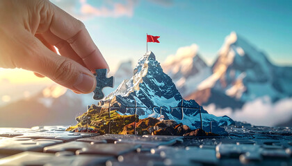Hand placing final puzzle piece to complete mountain scene with red flag on summit, symbolizing achievement, success, and determination in photorealistic landscape