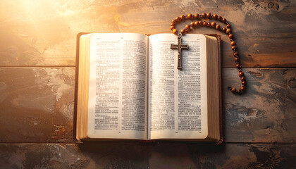 Open Bible pages with metal cross pendant and wooden rosary beads on rustic wooden table, sunlight shining warmly, symbolizing faith, spirituality, and peaceful reflection
