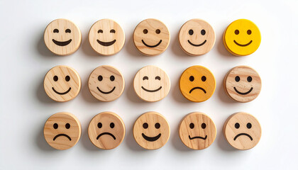 Obraz premium Smiley face wooden token satisfaction rating scale flat lay emotion feedback happy sad neutral Wooden tokens with various smiley faces arranged flat lay showing satisfaction rating scale with