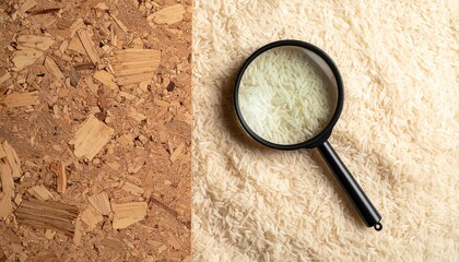 Close-up of a magnifying glass examining a sustainable material composite board next to fine grains of rice, highlighting texture and quality analysis for eco-friendly material research