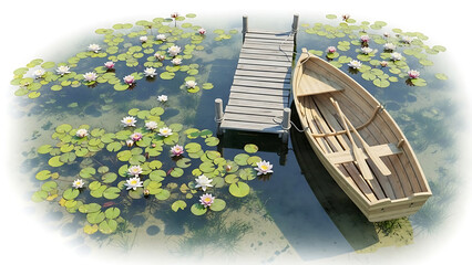 Serene lake scene with wooden boat and water lilies