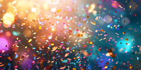Colorful confetti scattered in the air, creating a vibrant and abstract scene with a blend of colors and soft blur.