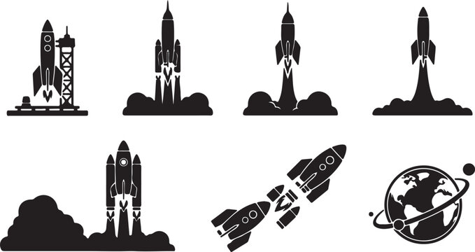 rocket launch icon set vector silhouettes illustration