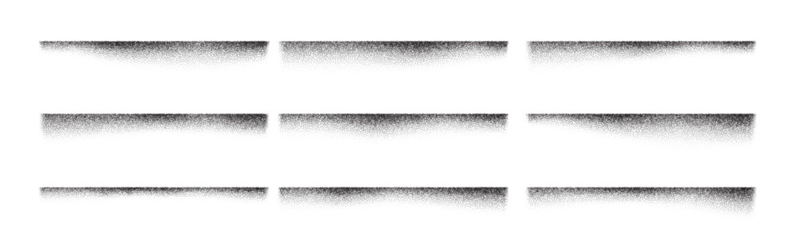 Grain box brush with noise shadow and gradient edge. Soft spray drop gradation stipple sand divider dotwork or gritty vector overlay for abstract graphic. Half circular cube and oval shape.