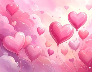 Whimsical illustration of heart-shaped balloons floating in a pink sky