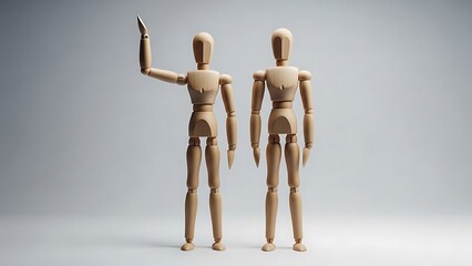 Two Wooden Art Mannequins Posing for Creative Concepts on a Simple Grey Background