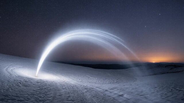 A bright white curved path sweeping softly like comet trail with smooth bending and faint scattering creating surreal cosmic ambience horizon depth cinematic atmosphere layers