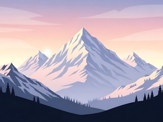 Beautiful Pastel Mountain Landscape at Sunrise or Sunset with Pine Trees and Serene Sky in Flat Design