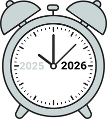 Flat vector alarm clock showing New Year transition from 2025 to 2026 at midnight