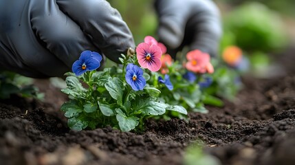 Gardener plants colorful pansies in dark soil during springtime outdoors
