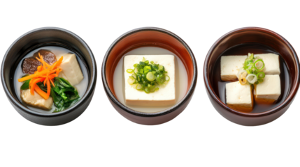 Three sets of Japanese tofu dishes prepared in different healthy styles on transparent background