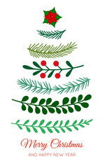 Christmas Tree Made of Fir Branches and Leaves with Red Berries, Evergreen Tree © OS